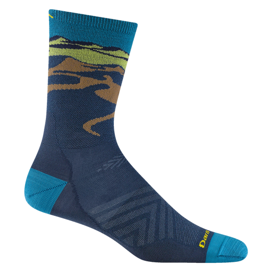 Reverse 1056 men's ridge runner micro crew running sock in midnight with blue accents and mountain scene on cuff