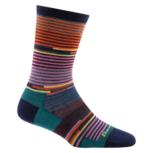 1692 women's pixie crew lifestyle sock in color navy with orange, pink, teal and yellow striping