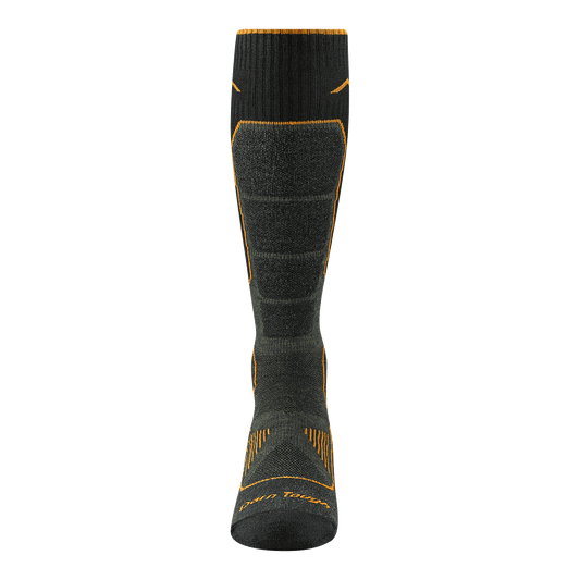 Front image of the 2116 Men's over the calf hunting sock in forest featuring the calf cushioned area and flex area on top of foot