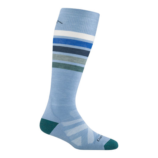 8028 snowburst Over-the-Calf ski and snowboard sock featuring a green heel/toe with light blue body and blue gray and green stripes on the calf