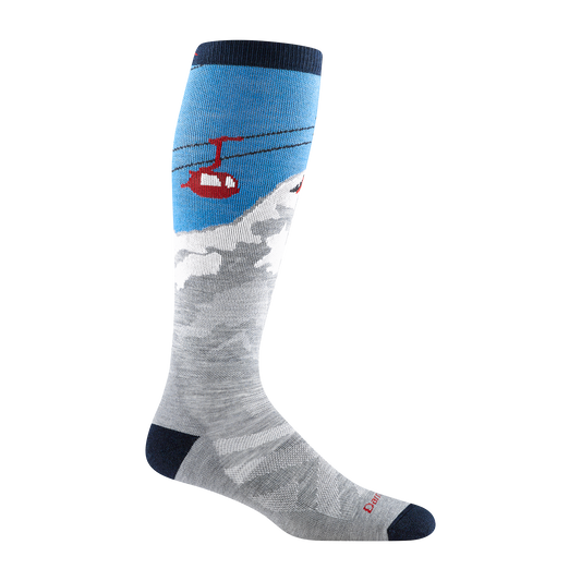 8043 Heady Yeti Ski and snowboard sock in gray with black toe/heel and gondola scene up the leg.