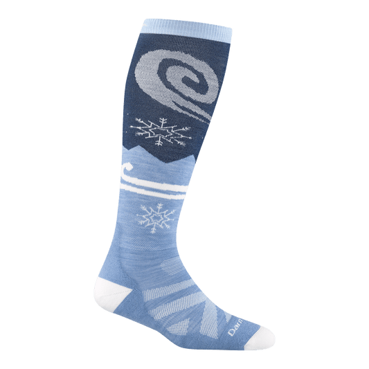 reverse 8054 swirlwind other calf in midnight featuring a white heel/toe light blue body with snow flake and swirl on the leg
