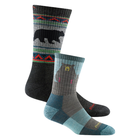 2 pack bundle shot including the men's vangrizzle boot sock in charcoal and the women's bear town micro crew sock in aqua