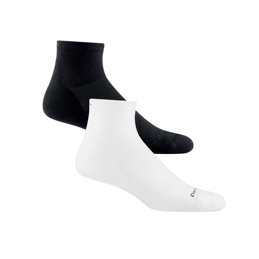 2 pack bundle shot of men's coolmax quarter running sock in black and white