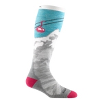 1827 women's yeti over-the-calf ski sock in aqua with pink toe/heel accents and gray mountain and pink gondola design
