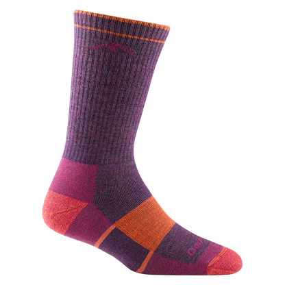 1908 women's hiking boot sock in color plum heather with coral toe/heel accents and orange color block on forefoot