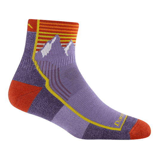1958 quarter hiking sock in mountain lupine featuring a red heel/toe purple body with stripes and mountain image on cuff