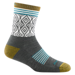 1977 women's sobo micro crew hiking sock in color teal with yellow accents, blue striping and white diamond design
