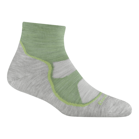 1987 women's light hiker quarter sock in mint green featuring a light gray bottom and heel with a green top of foot and ankle