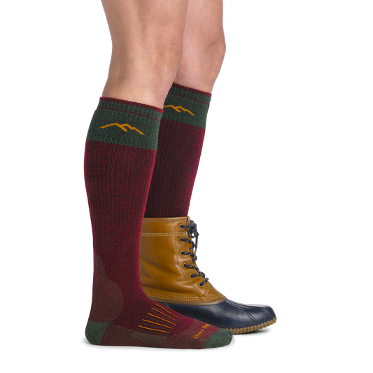 on model image side view back foot in boot wearing the 2105 hunting over the calf sock in ember colorway