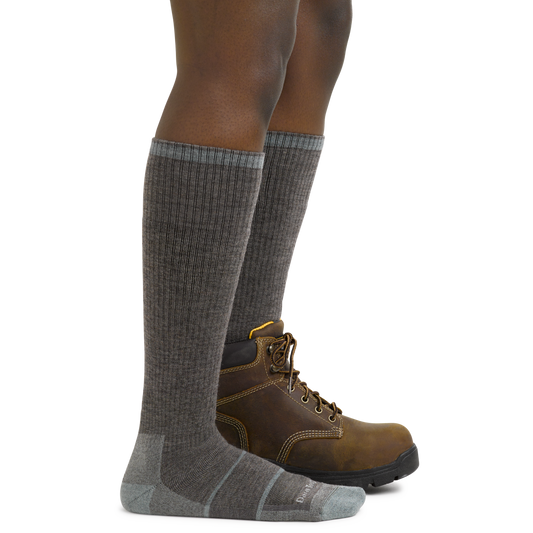 Women's Mary Fields Knee High Work Socks in Shale on foot with work boots