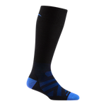 3034 kids RFL over-the-calf ski sock in color black with bright blue toe/heel accents and chevron detail on the forefoot