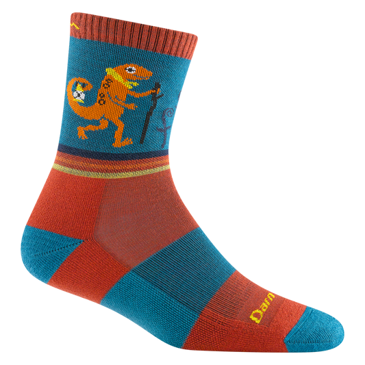3043 sal Micro crew in lava, featuring the teall heel/toe/ band with an orange body and a hiking lizard on the cuff