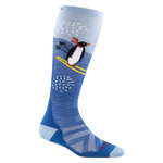 3808 penguin peak in stellar featuring a light blue heel/toe and a skiing penguin on the calf