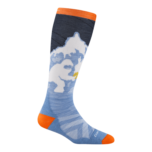 reverse 3809 Little yeti in midnight featuring the a yeti and mountain side orange heel/toe and white logo