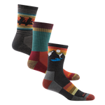 3 pack bundle shot of men's willoughby hiking sock in taupe, men's sunset ridge micro crew hiking sock in charcoal, and the men's heady stripe micro crew hiking sock in teal