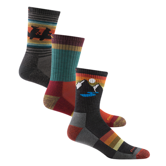 3 pack bundle shot of men's willoughby hiking sock in taupe, men's sunset ridge micro crew hiking sock in charcoal, and the men's heady stripe micro crew hiking sock in teal