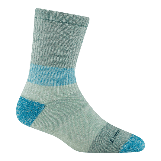 5011 Micro crew Mountaineering sock in Reed featuring a teal heel/toe and a seafoam body with teal and mint stripe at ankle