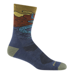 5020 chasing waterfalls micro crew hiking sock in denim featuring a pale yellow heel/toe blue body and waterfall scene on leg