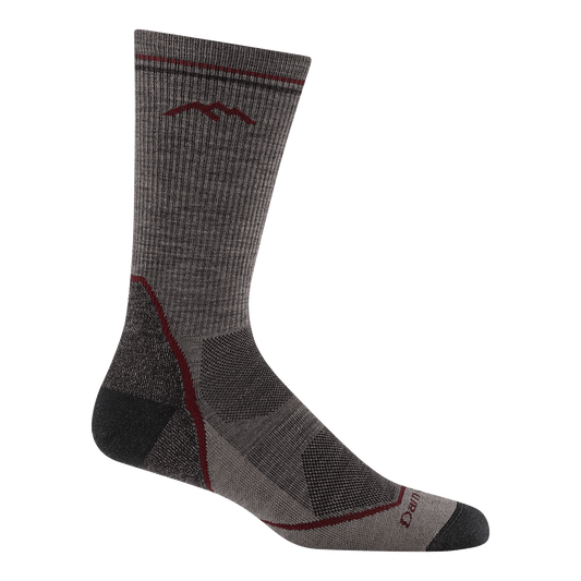 5028 light hiker boot sock in taupe featuring black heel/toe brown body and red stripe and logo