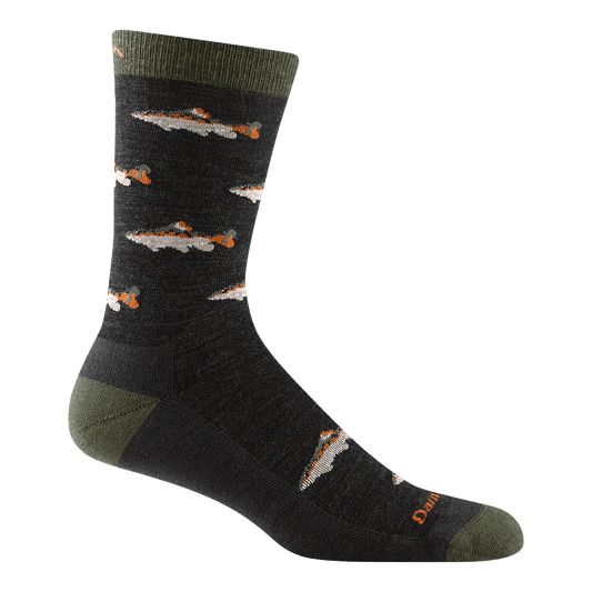 6085 men's spey fly crew lifestyle sock in charcoal with olive green toe/heel accents and tan and orange fishes design