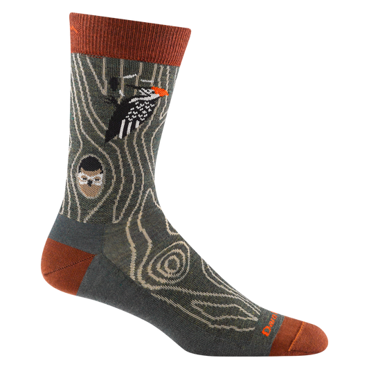 reverse 6111 Woody Crew in Forest featuring an orange heel/toe/cuff with gray body and a woodpecker and owl design