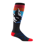 8014 men's solstice over-the-calf ski sock in charcoal with red toe/heel accents and snowing mountain design