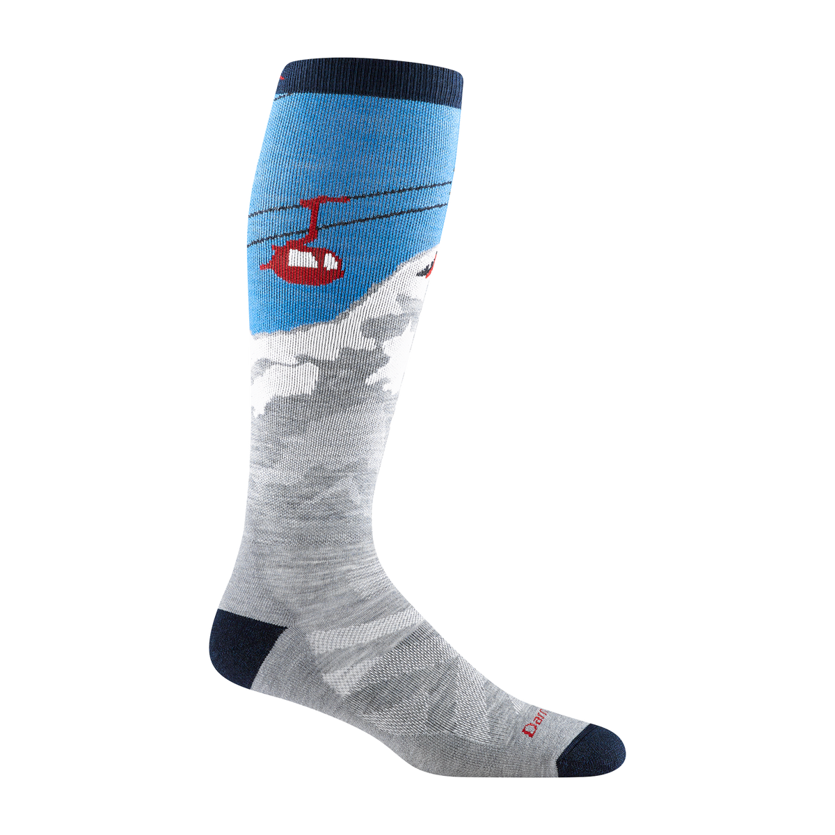 8043 Heady Yeti Ski and snowboard sock in gray with black toe/heel and gondola scene up the leg.
