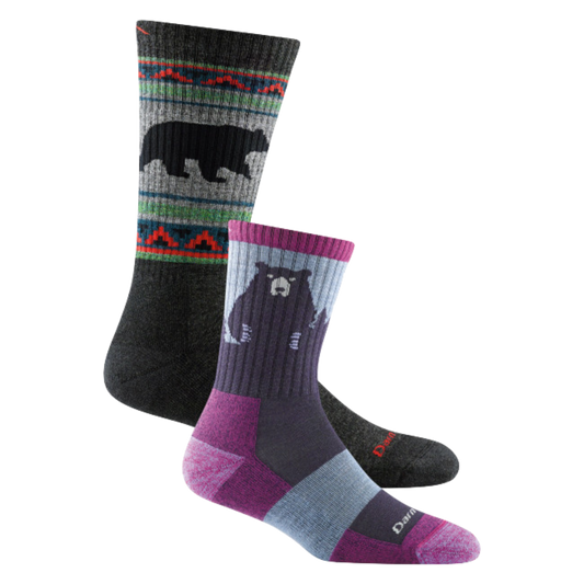 2 pack bundle shot including the men's vangrizzle boot sock in charcoal and the women's bear town micro crew sock in purple