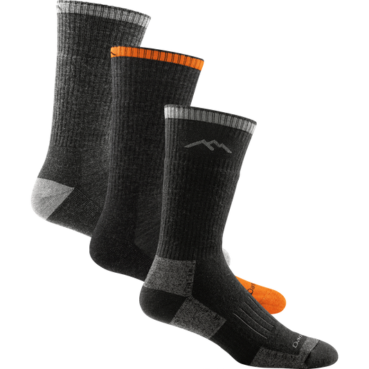 3 pack bundle shot of the men's john henry work sock in gravel, the men's steely boot work sock in graphite, and the unisex hunting boot sock in charcoal